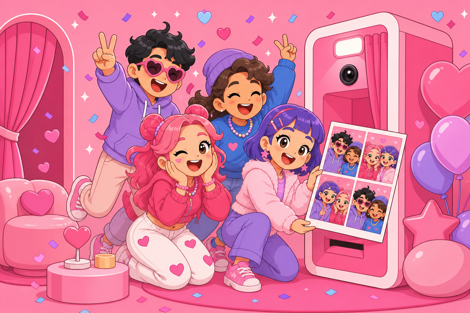 친구들이 마이포토부스에서 4×6 네 컷 사진을 찍고 즐거워하는 2D 캐릭터 일러스트